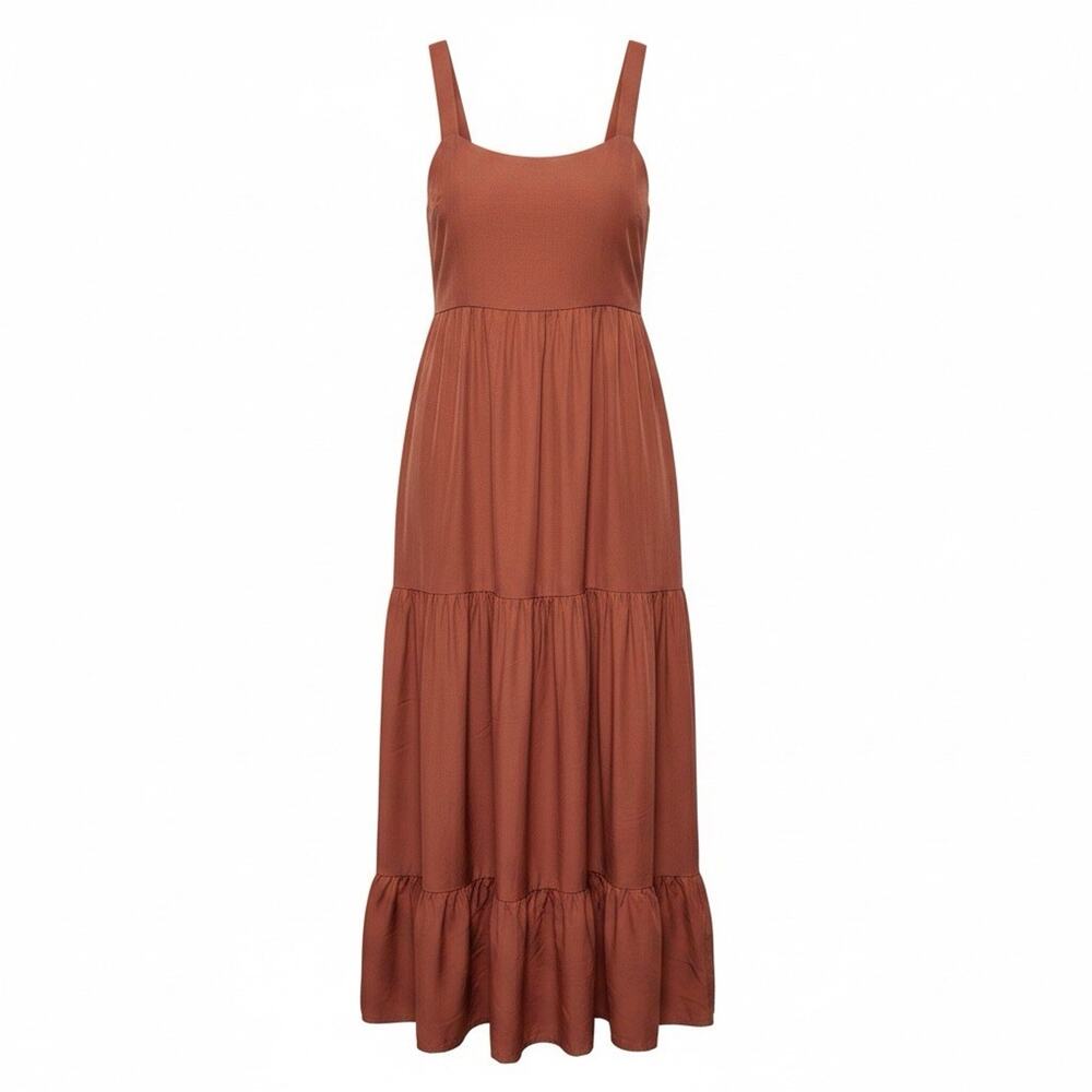 STORIA Women’s Small Terracotta Tiered Maxi Dress Square Neck Boho Sundress